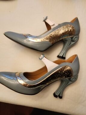 John Fluevog Powder Blue and Silver Sculptural Heels